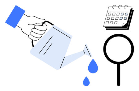 Hand holding watering can releasing drops, magnifying glass, and calendar representing time, growth, research, planning, productivity, strategy and development. Minimalistic flat metaphorのイラスト素材