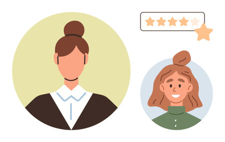 Two user profiles in circles, one professionally dressed, one casual, next to a 5-star rating bar. Ideal for customer experience, review platform, service evaluation, professionalism, trust-buildingのイラスト素材