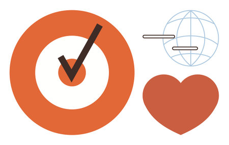 Orange target with checkmark, globe with lines, and heart. Ideal for success, achievement,...