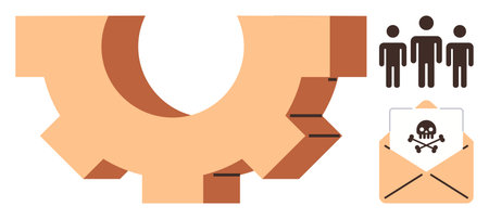 Gear symbol, group of people, skull and crossbones in an envelope signifying teamwork, operations, online threats. Ideal for teamwork mechanisms, cybersecurity, communication risks, collaborationのイラスト素材