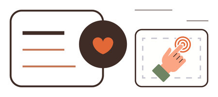 Heart icon above text lines and hand clicking button within bordered box. Ideal for user engagement,...