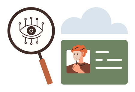 Magnifying glass examining biometric digital ID card beneath a cloud icon. Ideal for cybersecurity, biometrics, data analysis, cloud computing, identity verification, privacy, tech innovation. Simpleのイラスト素材