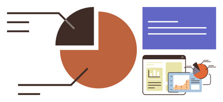 Pie chart with segment labels, tablet and desktop showing analytics, and text box. Ideal for data...