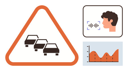Traffic warning triangle with three cars, voice recognition interface, and a data graph illustrating trends. Ideal for transportation, AI, analytics, road safety, technology, predictionのイラスト素材