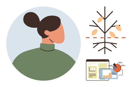 Woman in green sweater beside abstract leafless tree and digital screens with charts and graphs. Ideal for analysis, growth, environment, strategy, decision-making, productivity, simple flat metaphorのイラスト素材