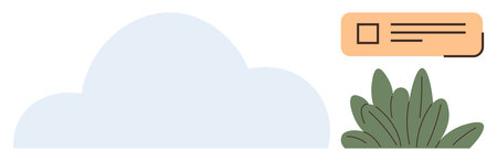 Large cloud with greenery below and a minimal notification badge floating in top right corner. Ideal for communication, nature, data, technology, simplicity, environment, clean flat metaphorのイラスト素材