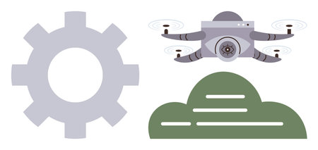 Gearwheel next to a flying quadcopter over a cloud symbolizing innovation, data, and technology....