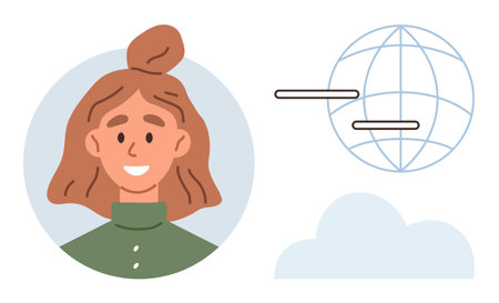 Woman smiling in a circular frame beside globe wireframe and cloud. Ideal for communication, technology, networking, education, travel, innovation, and teamwork concepts. Minimal flat metaphorのイラスト素材