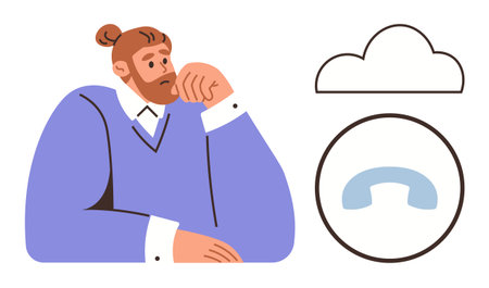 Bearded man with thoughtful expression resting his chin on hand, cloud and phone receiver icons nearby. Ideal for communication, decision-making, brainstorming, remote work, problem-solving, supportのイラスト素材