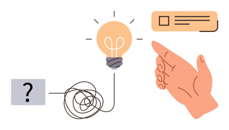 Tangled line linking a question mark to a glowing light bulb and gesturing hand, symbolizing problem-solving, innovation. Ideal for creativity, brainstorming, clarity, ideas, decision-makingのイラスト素材