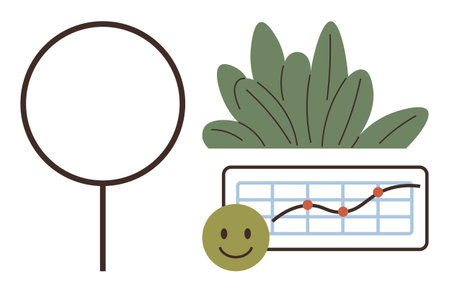 Circular frame, leaves, graph with upward trend line, and smiling face represent growth, success, positivity. Ideal for analytics, sustainability, productivity wellbeing development eco-businessのイラスト素材