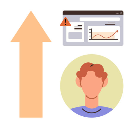 Large upward arrow, alert on a browser graph showing growth, and a user avatar. Ideal for business analytics, personal growth, success, career progress, online tools, motivation simple flat metaphorのイラスト素材