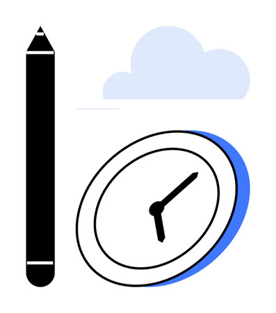 Pencil and clock with a cloud emphasize creativity, time management, and ideas. Ideal for productivity, planning, focus, education, design deadlines and innovation concepts. Simple flat metaphorのイラスト素材
