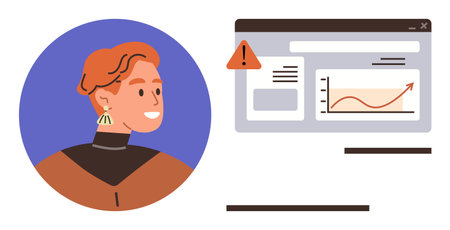 Red-haired person facing a screen displaying analytics data and a warning sign. Ideal for teamwork, communication, technology, online learning, problem-solving, data visualization, simple flatのイラスト素材