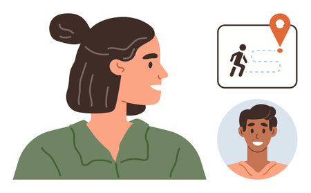 A person glancing at a map icon with a path and pin, alongside a smiling individual. Ideal for navigation, collaboration, social interaction, journey planning, communication, teamwork. Simple flatのイラスト素材