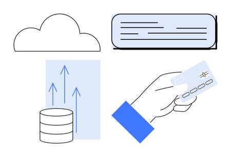 Hand holding a credit card, cloud symbol for storage, database with upward arrows for data transfer, and text document icon. Ideal for technology, finance, data, banking, cloud innovation modernのイラスト素材
