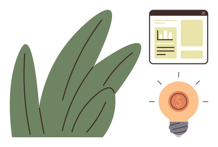 Lightbulb with dollar sign, analytics interface, abstract leaves. Ideal for finance, eco-business, innovation, strategy, data analysis creativity sustainability. Simple flat metaphorのイラスト素材