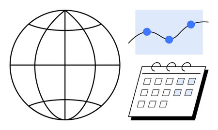 World globe grid, data chart with connecting points, and calendar layout combining analytics, planning, and global reach. Ideal for scheduling, data tracking, statistics, time management strategyのイラスト素材
