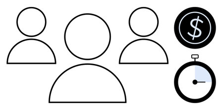 Three user icons representing a team alongside a clock and a dollar sign circle. Ideal for...