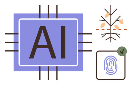 AI chip with circuit lines, fingerprint identification with checkmark, and eco symbol with leaves. Ideal for AI applications, technology trends, innovation, digital security, biometrics, eco-friendlyのイラスト素材