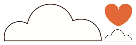 Large and small clouds with an orange heart symbol. Ideal for love, weather, creativity, optimism, positivity, dreams, communication. A simple flat metaphorのイラスト素材