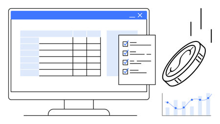 Computer screen displaying spreadsheet, checklist, coin, and growth chart. Ideal for finance, budgeting, data analysis, planning investment productivity and digital management. Simple flatのイラスト素材