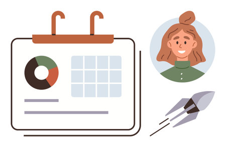 Calendar with chart, smiling businesswoman portrait, and flying rocket convey planning, progress, and growth. Ideal for productivity, teamwork, project management, goals innovation successのイラスト素材
