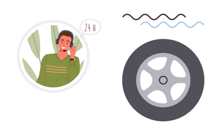 Smiling agent with headset providing 247 service, car tire, and stylized lines for motion. Ideal for vehicle maintenance, customer support, tire services, helplines, automotives, problem-solvingのイラスト素材