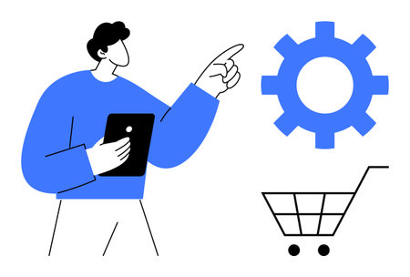 Person holding tablet pointing at gear and shopping cart, representing e-commerce, settings, or optimization. Ideal for retail, automation, technology, management, process improvementのイラスト素材