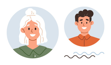 Portraits of a woman with white hair and a man with dark hair in circular frames, complemented by soft wave lines. Ideal for profiles, communication, connection, diversity, networking, supportのイラスト素材