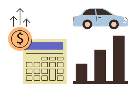 Calculator with bar chart, upward arrows, dollar coin, and car representing financial planning, investment, budgeting, wealth growth, expenses, economics and simple flat metaphorのイラスト素材