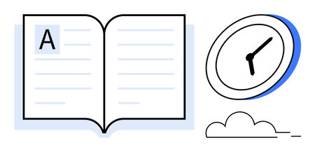Open book with written content paired with clock and cloud element. Ideal for education, time...