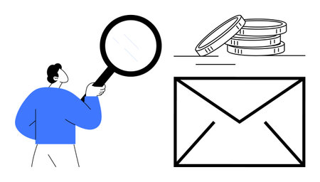 Person holding magnifying glass examining large envelope and stack of coins. Ideal for financial analysis, email marketing, investment, communication, strategy, business growth, simple flat metaphorのイラスト素材