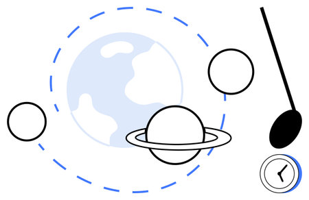Earth with orbit lines, Saturn, two planets, pendulum, clock. Ideal for space studies, astronomy, science physics exploration time innovation. A simple flat metaphorのイラスト素材