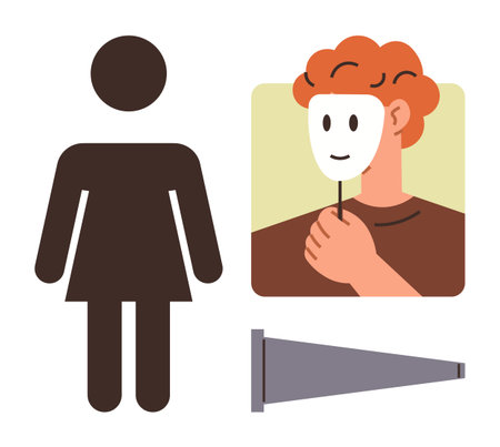 Female silhouette, person holding a white mask over a happy face, and megaphone. Ideal for themes of identity, anonymity, communication, self-expression, gender emotions and empowerment. Simpleのイラスト素材