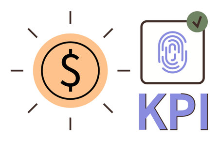 Dollar icon representing profit, fingerprint symbolizing authentication, KPI text for performance tracking. Ideal for business analysis, financial strategy, technology, authentication, metricsのイラスト素材