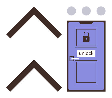 Purple door with unlock sign and keyhole, surrounded by upward arrows and dots. Ideal for accessibility, growth, opportunity, security, freedom, progress positive metaphor. Simple flat metaphorのイラスト素材