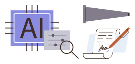 AI chip with controls, magnifier, data report, signature, and funnel. Ideal for AI, technology, innovation machine learning automation decision-making data analysis. Simple flat metaphorのイラスト素材