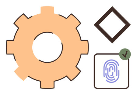 Gear icon, purple fingerprint with checkmark, black diamond, and square shape. Ideal for technology, security, authentication, innovation, process industry abstract simple flat metaphorのイラスト素材