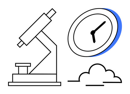 Microscope with a clock and cloud emphasizes research, discovery, time management, innovation, analysis, focus, and productivity. Ideal for science education planning and growth. Simple flatのイラスト素材