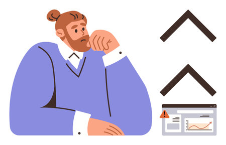 Thoughtful man resting chin on hand with upward arrows and alert notification on analytics dashboard. Ideal for decision-making, analysis, growth, problem-solving, focus, challenges, productivityのイラスト素材