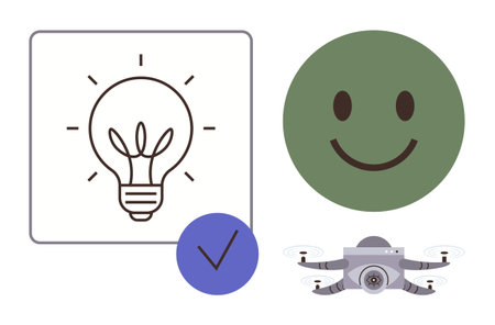 Lightbulb framing creativity, green happy face for positivity, purple checkmark for approval,...