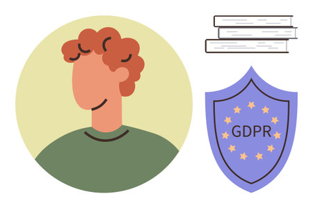 Person avatar next to a GDPR shield emblem and stacked books. Ideal for privacy, compliance, education, data protection, personal safety, knowledge, trust. Simple flat metaphorのイラスト素材