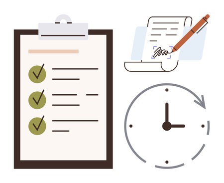 Task checklist on clipboard, signed document with pen, and clock with arrow. Ideal for organization, productivity, time tracking, deadlines, planning agreements efficiency. Simple flat metaphorのイラスト素材