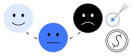 Happy, neutral, and sad faces connected by dashed lines, target with arrow, dollar coin. Ideal for emotions, mental health, progress tracking, goals success financial decisions simple flatのイラスト素材