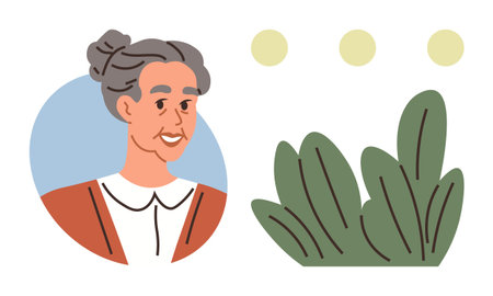 Elderly woman with gray bun hairstyle in a warm attire framed by pastel circle, alongside abstract green plants and bubbles. Ideal for aging, wisdom, nature, serenity, heritage, wellness, connectionのイラスト素材