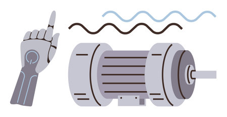 Robotic hand pointing near an electric motor, with wave lines indicating signals and energy flow. Ideal for robotics, automation, technology, engineering, energy, innovation control systems. Simpleのイラスト素材