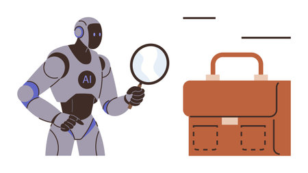 Robot labeled AI holding magnifying glass near briefcase, representing innovation, analysis, and decision-making. Ideal for future work, automation, tech strategies, business intelligenceのイラスト素材