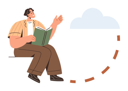 Man holding open book, gesturing toward cloud with dashed arrow pathway. Ideal for education, creativity, inspiration, storytelling, imagination, learning goal visualization. Simple flat metaphorのイラスト素材