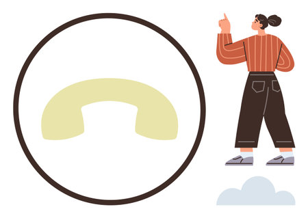 Woman gestures toward circular phone receiver icon, emphasizing contact, support, and dialogue. Ideal for communication, customer service, networking, advice marketing teamwork connection. Cleanのイラスト素材
